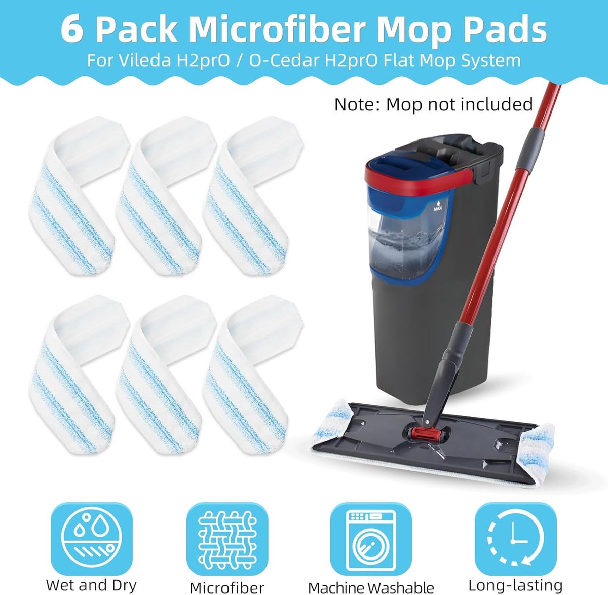 6-piece replacement mop pad set suitable for O Cedar H2prO mop system, suitable for Vileda H2PrO Flat Mop Refill Kit - mop head replacement - replacement mop pads - machine washable, reusable, easy to install, for all hard floors