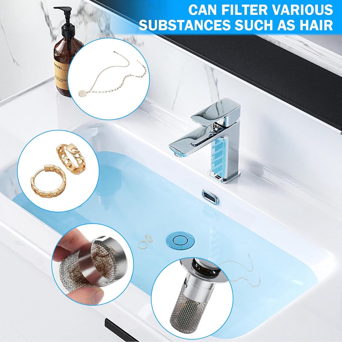 Pieces Drain 34-40mm - Drain Stopper - Improved Bathroom Washbasin Drain Plug with Hair Strain - Drain Set - With Anti-Clog Screen - Stopper - Removable Strainer Drain Plug - Drain Plug for Surface-Mounted Sinks - Bath Drain Stopper