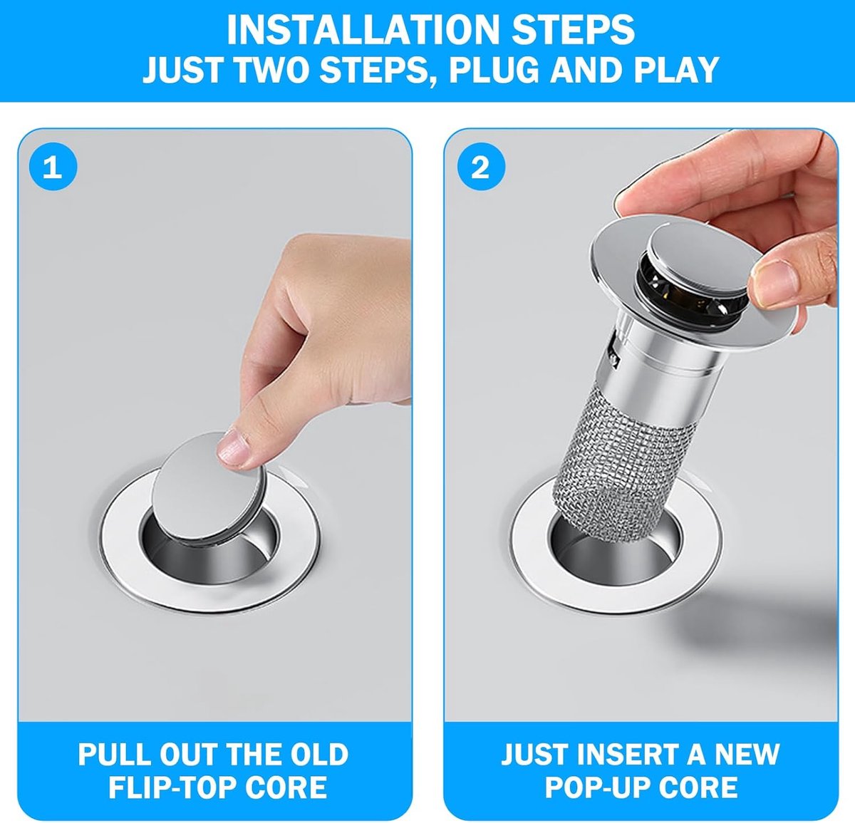 Pieces Drain 34-40mm - Drain Stopper - Improved Bathroom Washbasin Drain Plug with Hair Strain - Drain Set - With Anti-Clog Screen - Stopper - Removable Strainer Drain Plug - Drain Plug for Surface-Mounted Sinks - Bath Drain Stopper