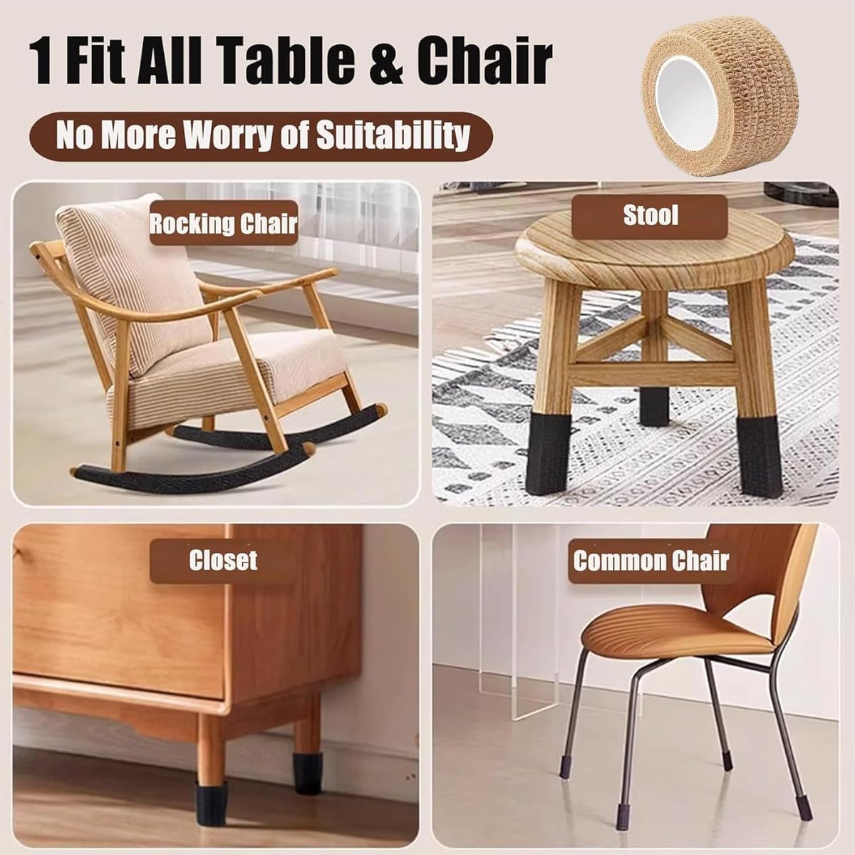 6 Rolls Chair Leg Floor Protectors - Self-Adhesive Bandage Wraps - Chair Leg Protectors - Anti-Slip Chair Leg Protectors - Chair Leg Protective Tape - Chair Leg Protectors - for Hardwood Floors, Noise Reduction - 2.5cm × 2m