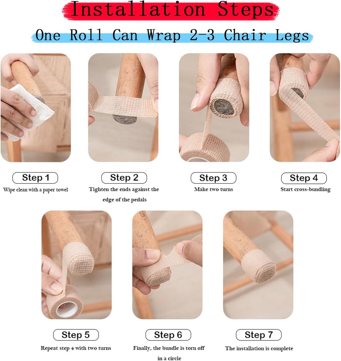 6 Rolls Chair Leg Floor Protectors - Self-Adhesive Bandage Wraps - Chair Leg Protectors - Anti-Slip Chair Leg Protectors - Chair Leg Protective Tape - Chair Leg Protectors - for Hardwood Floors, Noise Reduction - 2.5cm × 2m