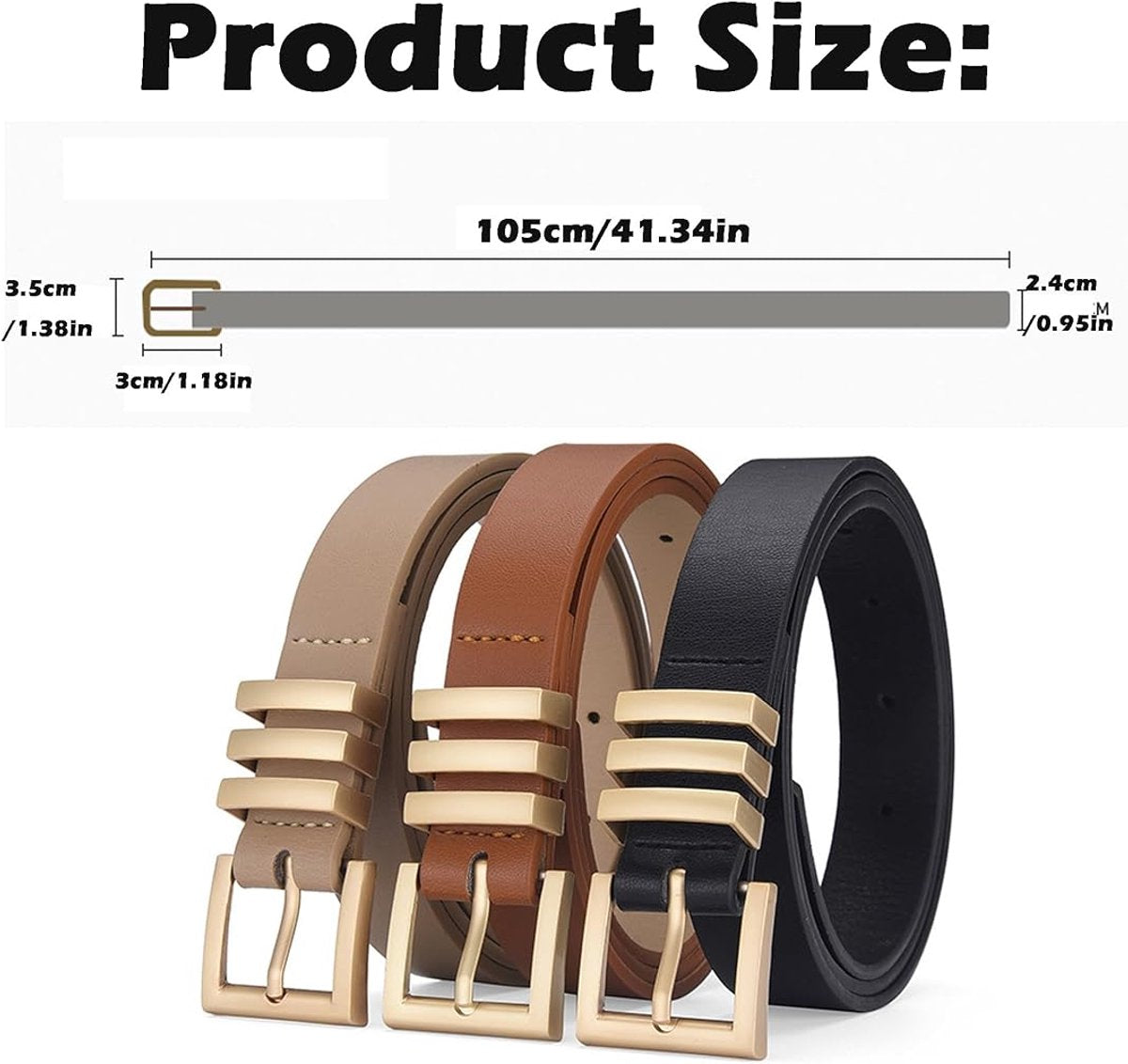 3 pieces - belt - women's belt - elegant simple belt - waist belt for jeans - belt with round buckle - retro women's belts with gold buckle - for jeans , clothing , casual decoration - black , brown , khaki - 105*2.4 cm