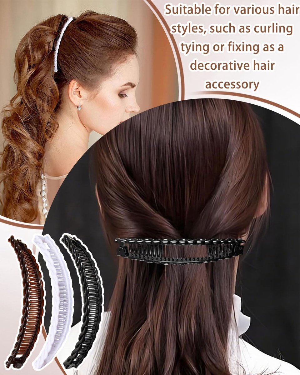 pieces - Banana clamp - Hair clip - Hair accessories - Hairpin - Banana hair clips - Ponytail clamp - Decorative ponytail clamp - Non-slip wearable hairpin - Hair clips for women - For women and girls with thin and thick hair - 15 cm - Black, white, brown