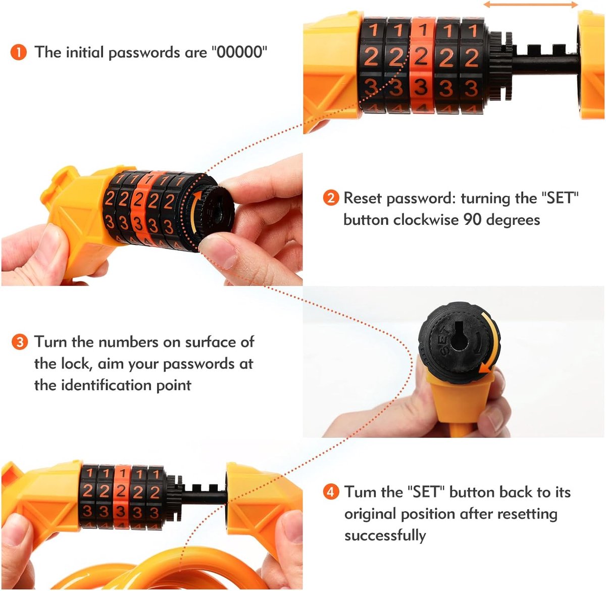 Bicycle lock - Bicycle chain lock - Anti-theft bicycle lock - 1.1m*11mm - Combination lock - Cable lock - Lock - with 5-digit code - Includes shackle - High security - Resettable lock - bicycle accessories - for bicycles, tricycles and scooters - orange