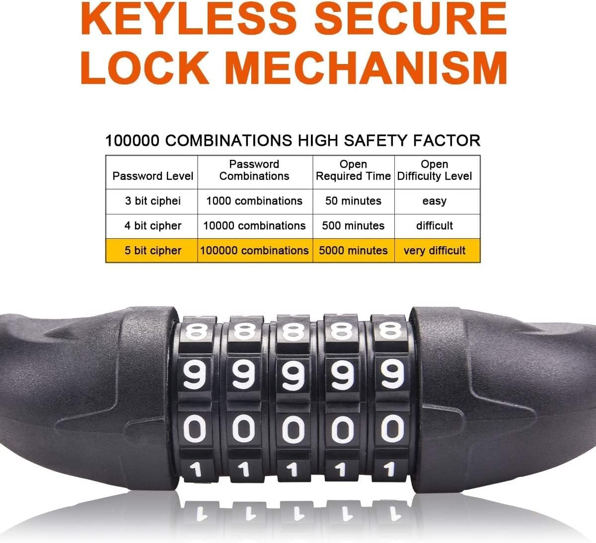 Bicycle lock - Bicycle chain lock - Anti-theft bicycle lock - 1.1m*11mm - Combination lock - Cable lock - Lock - with 5-digit code - Includes shackle - High security - Resettable lock - bicycle accessories - for bicycles, tricycles and scooters - orange