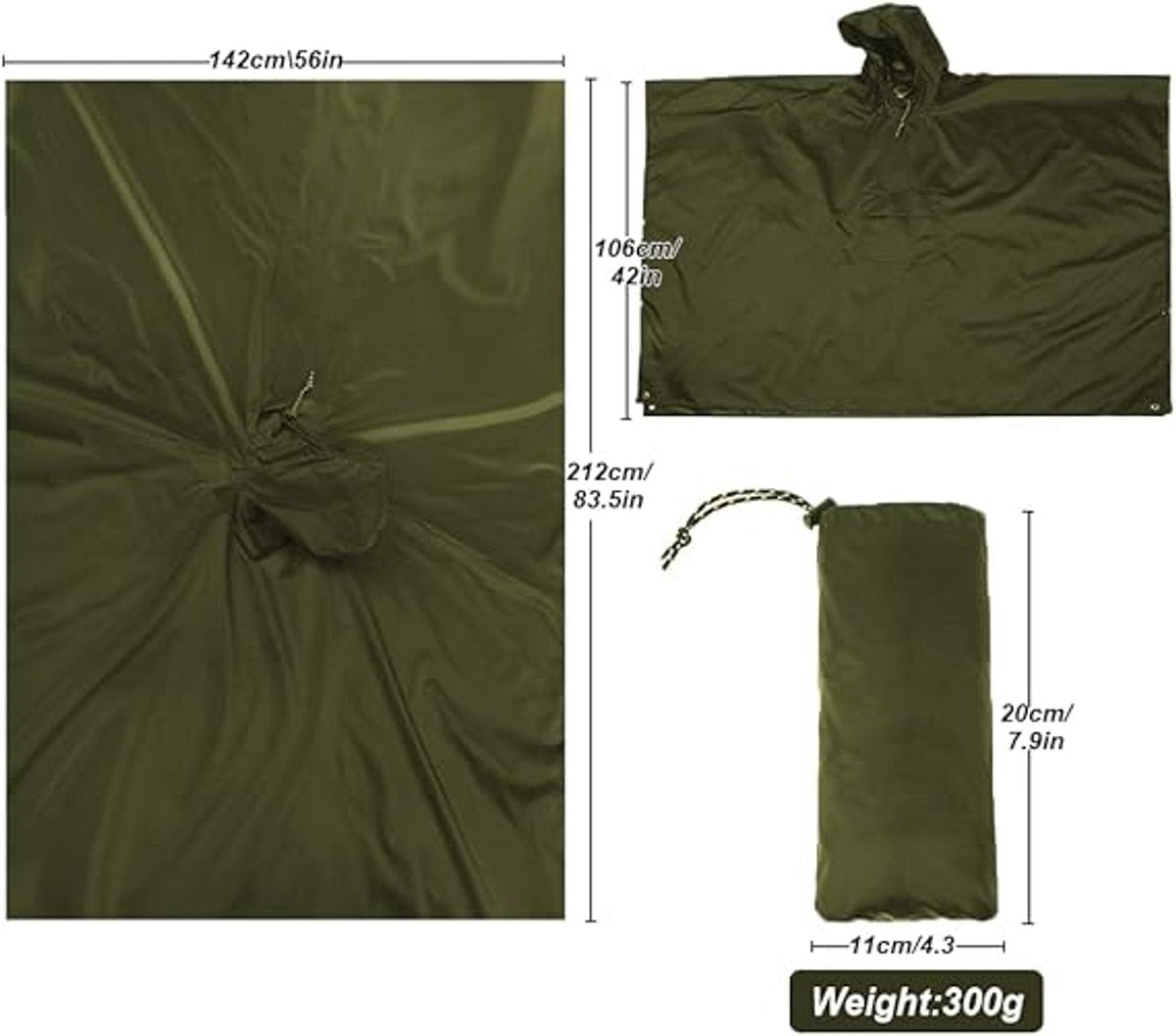 Poncho - Raincoat - 210*140cm - multifunctional waterproof rain poncho - Waterproof Rain Poncho - Cycling Poncho - reusable - raincoat with hood - rain poncho with chest pocket - with storage bag - for travel, hiking, camping, fishing - green