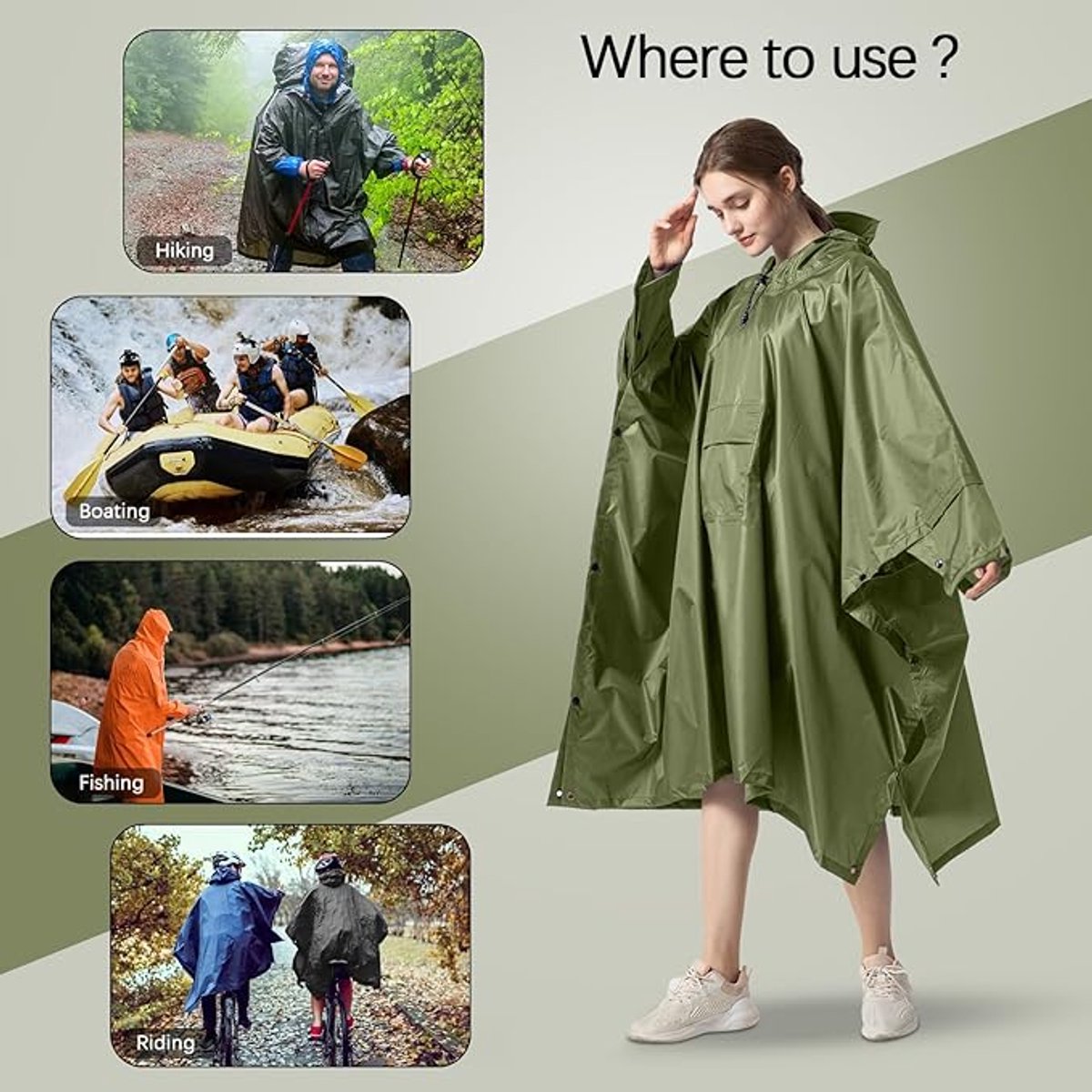 Poncho - Raincoat - 210*140cm - multifunctional waterproof rain poncho - Waterproof Rain Poncho - Cycling Poncho - reusable - raincoat with hood - rain poncho with chest pocket - with storage bag - for travel, hiking, camping, fishing - green