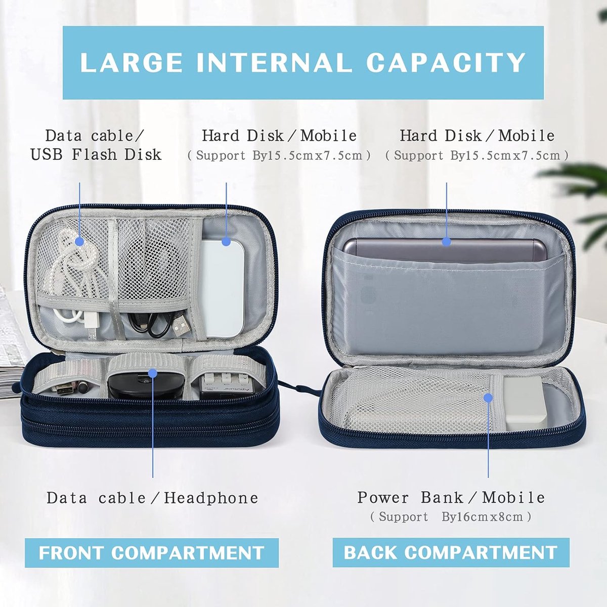 Cable Storage Bag - Travel Organizer Accessories - Waterproof/Wear-Resistant - Cable - Bag, Charger, Adapter, USB, Hard Drive - Compact Cable Bag - Cable Organizer - 19x11x5.5cm - Navy Blue