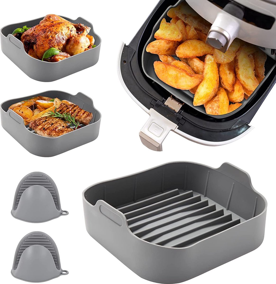Airfryer accessories - Silicone baking dish - Hot air fryer - Baking tins - Baking paper alternative - Basket baking tin - 20 CM - including gloves and oil brush - gray - Accessories