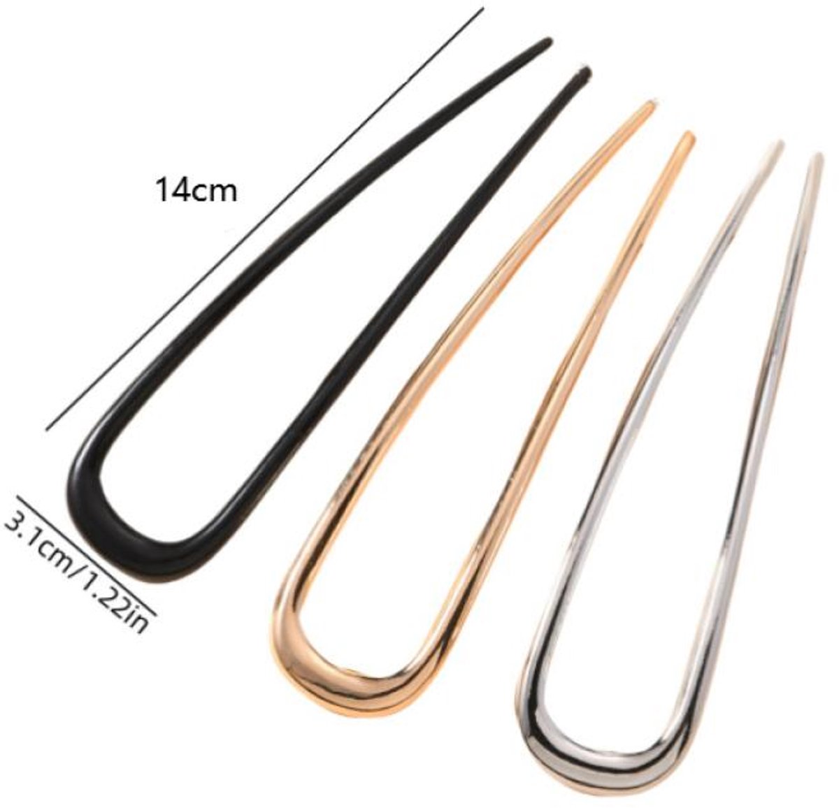 U-Shaped Hairpin - 3 Pieces - Hair Pin - Metal - U-Shaped Large Hairpins - Hair Jewelry - Elegant Updo Chignon Pins - Updo Hair Sticks - For Women - 14cm - Gold/Silver/Black