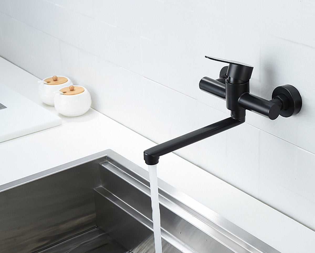 Bath faucet - Kitchen faucet - Washbasin faucet - Stainless steel - Black - 26*11 cm - Wall installation - Wall mounted - Swivel spout - Single lever