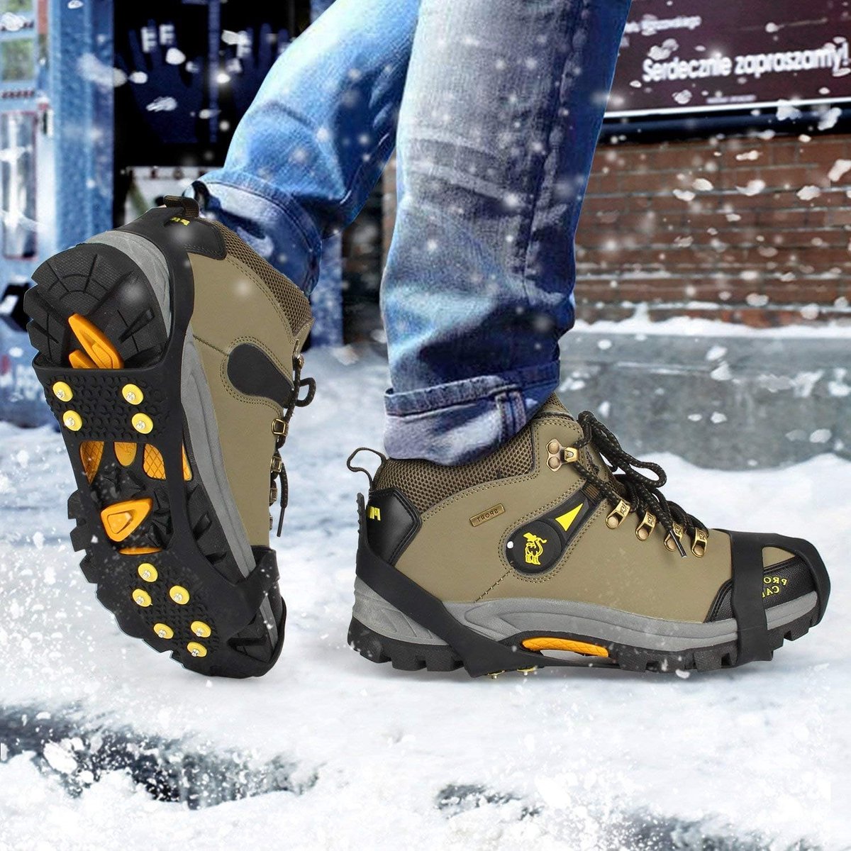 Snow grips over shoes/boots 10 studs Ice Traction Universal Slip on Stretch Fit Snow and Ice, Snow Cleats Crampons Ice Spikes Snow Grips for Winter - M (36-40)