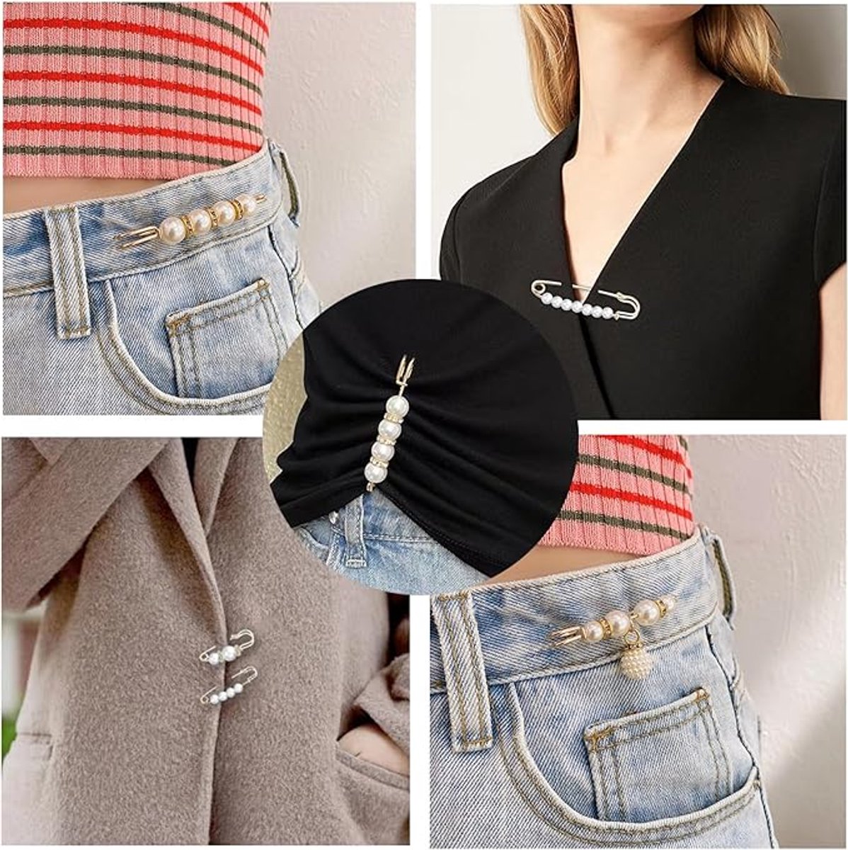 5 Pieces - 5 Styles Pin - Button Pins for Jeans - No Sew Jeans Button Pins - Brooch - Pin Closure Decollete - 75mm - Gold - Metal - White Pearl