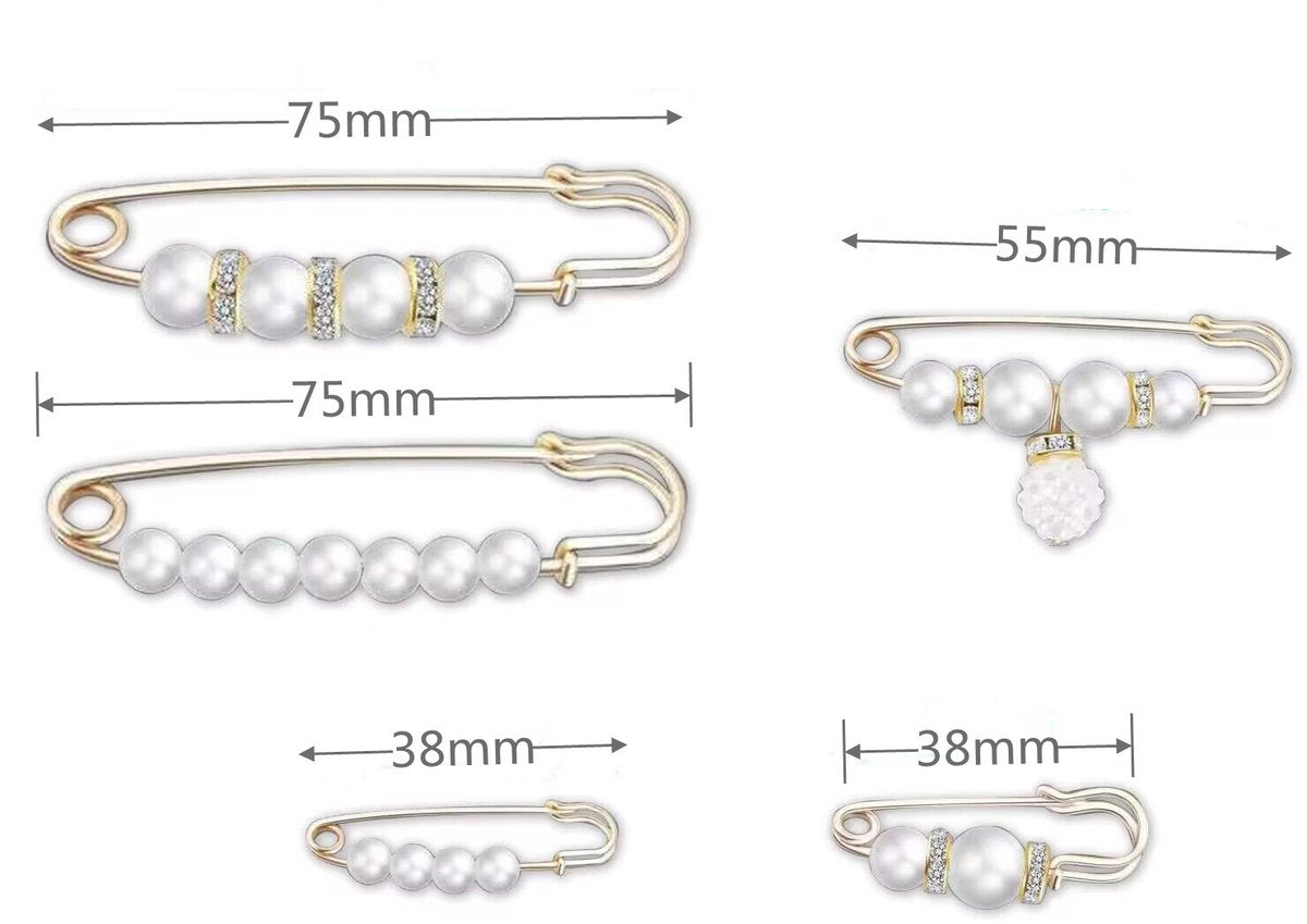 5 Pieces - 5 Styles Pin - Button Pins for Jeans - No Sew Jeans Button Pins - Brooch - Pin Closure Decollete - 75mm - Gold - Metal - White Pearl
