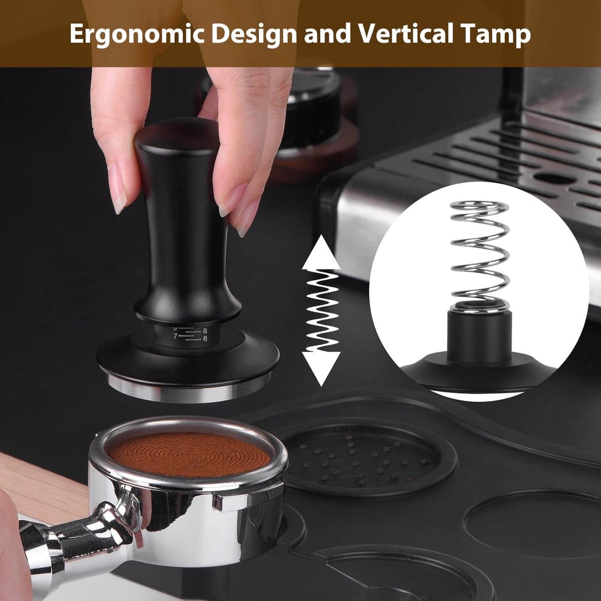 Coffee tamper - Tamper - 51 mm - Coffee press - Espresso tamper - 304 stainless steel - Aluminum handle - Base Ripple - Scale adjustment - For cafes, coffee lovers - Black