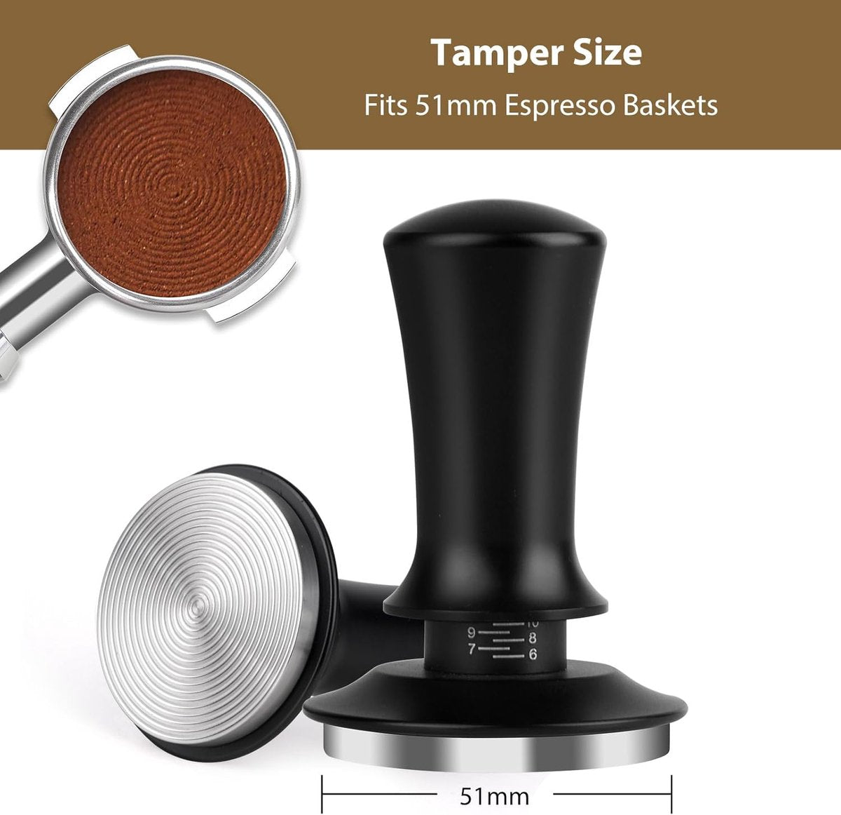Coffee tamper - Tamper - 51 mm - Coffee press - Espresso tamper - 304 stainless steel - Aluminum handle - Base Ripple - Scale adjustment - For cafes, coffee lovers - Black