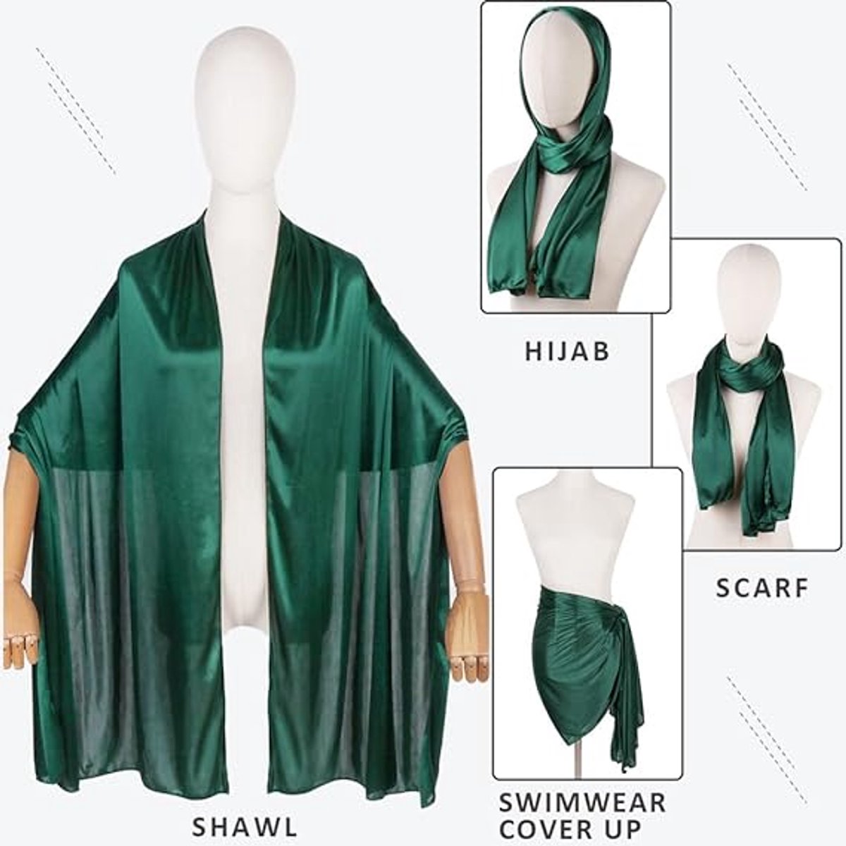 Shawl - 200*70 cm - Soft & Skin-friendly - Thin Wrap Scarf - Stole - Neck Scarf - Fashion Scarf - Women's Scarf - Long Satin Shawl Scarf - Shawls for Evening Dresses - Dark Green