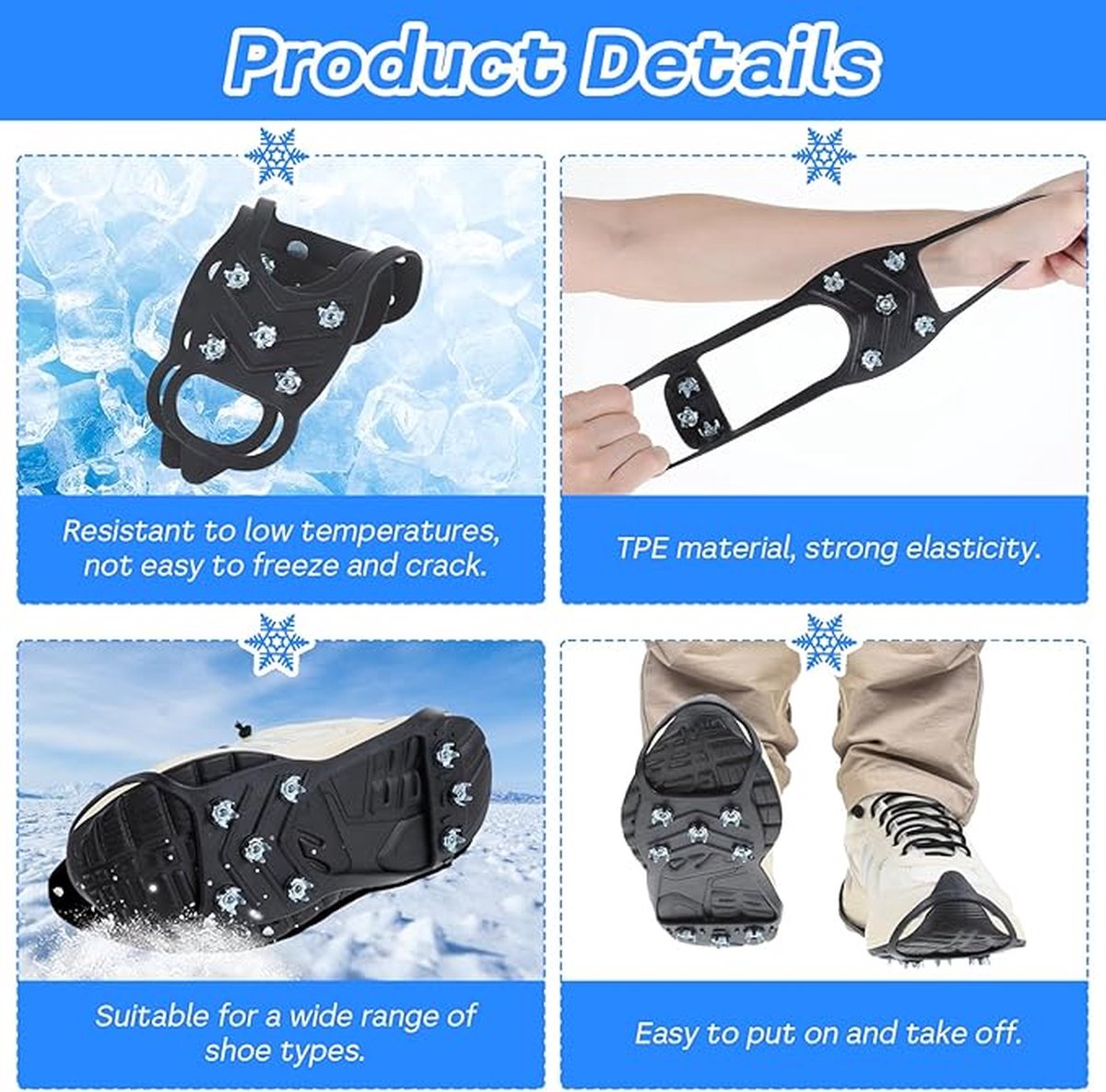 1 pair - Anti-slip spikes for under shoes - Size 41-46 - anti-slip gripper spikes claw - Snow shoes - black - Silicone