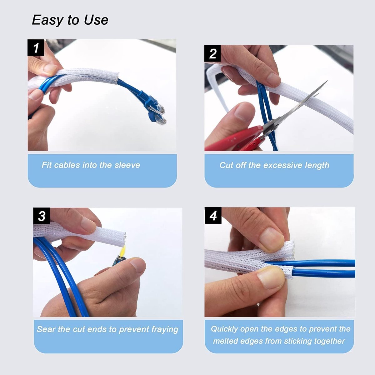 Cable Sleeve - 2m - Diameter 19MM - Cable Management - Braided Cable Sheathing - Cable Protector - Stretchable - Cuttable - PET - White - For TV / Computer / Home Theater / Engine Compartment