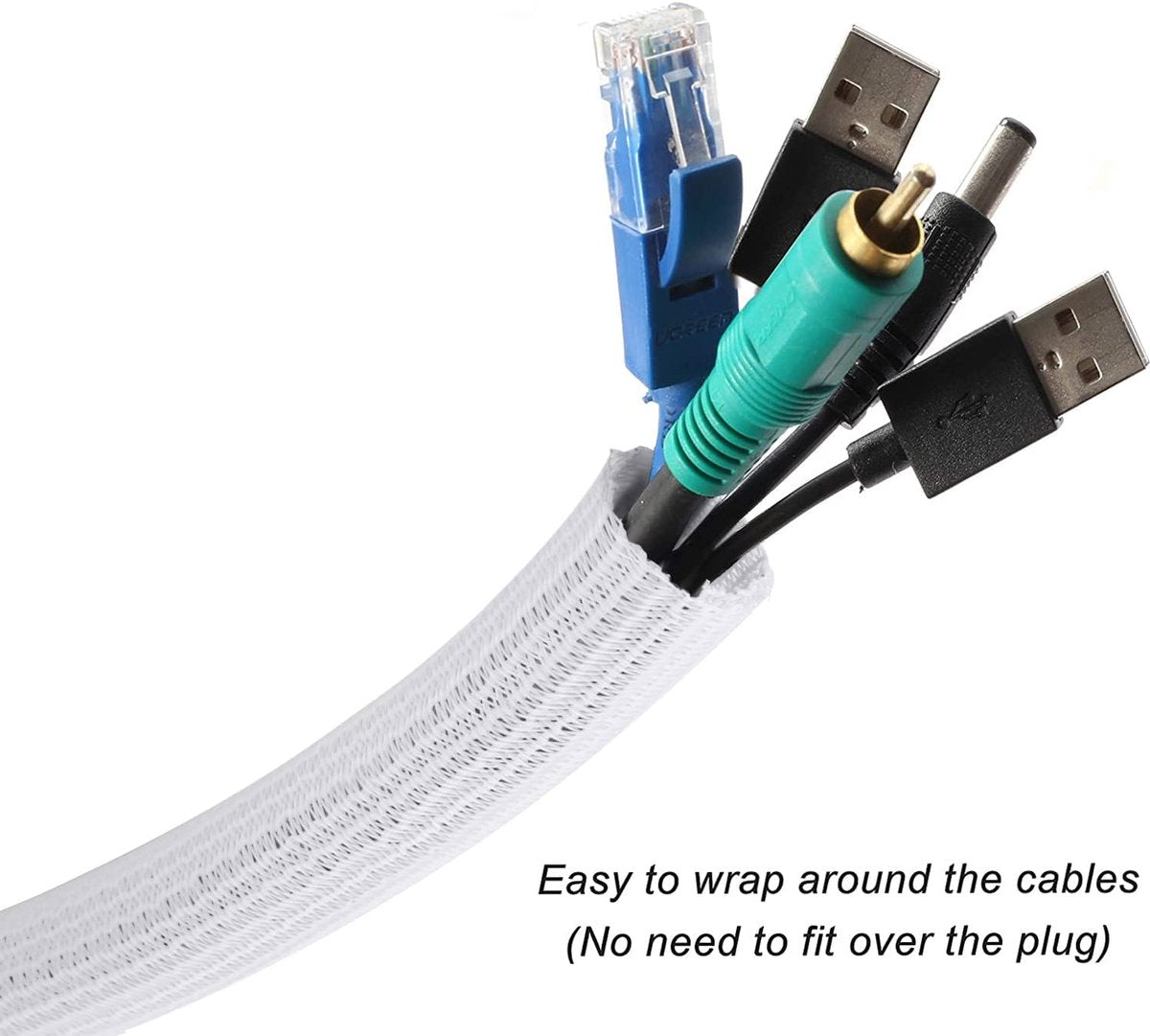 Cable Sleeve - 2m - Diameter 19MM - Cable Management - Braided Cable Sheathing - Cable Protector - Stretchable - Cuttable - PET - White - For TV / Computer / Home Theater / Engine Compartment