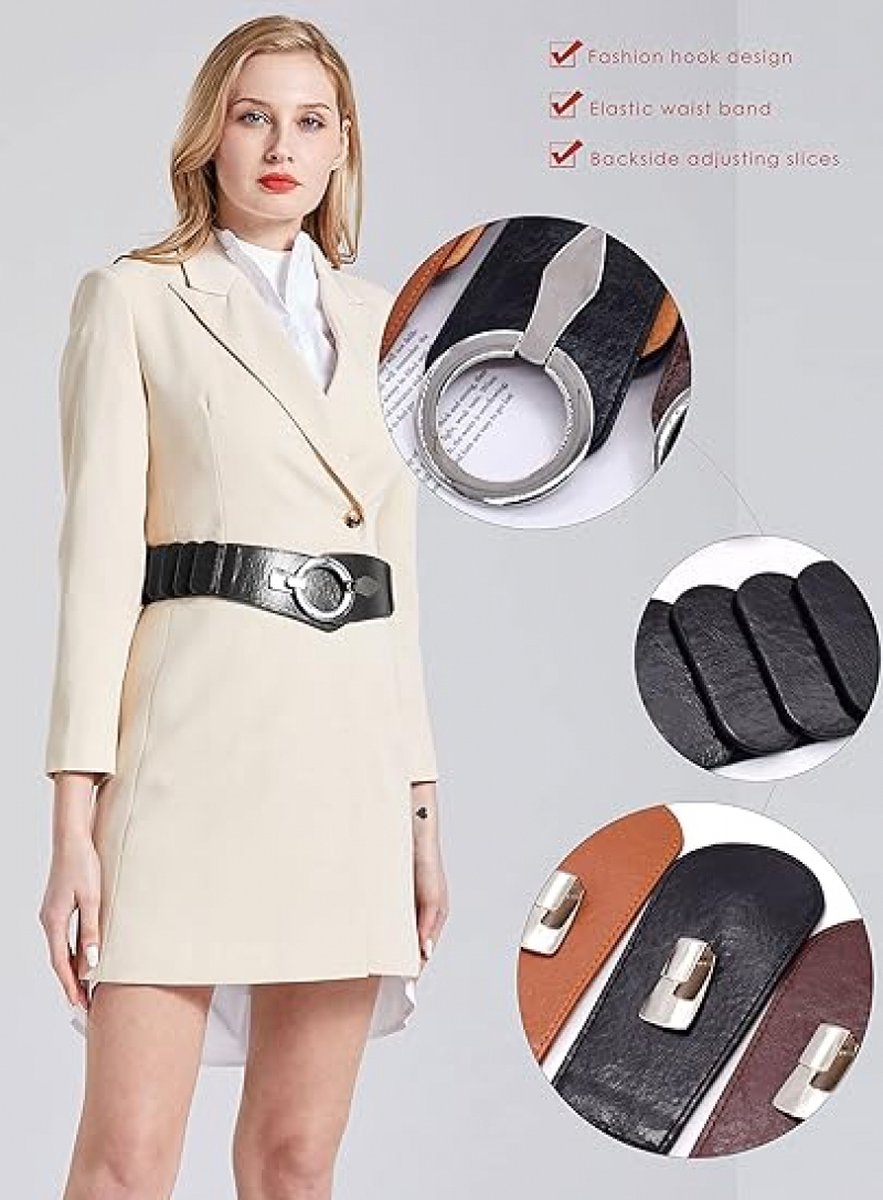 Wide Women's Belt - Women's Belt - Waistband - Belt - Elastic Cinch Belt - Black - Leather - Double Ring Buckle - Dress Accessory - Fashion Crochet Belt - Length: 80-95 cm, Width: 6 cm - for dresses coats