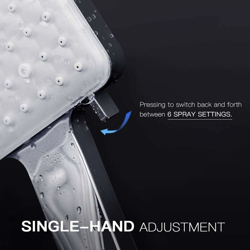 DEBUNS High Pressure Shower Head, Large Square with One-Hand Control, 6 Shower Modes, Chrome