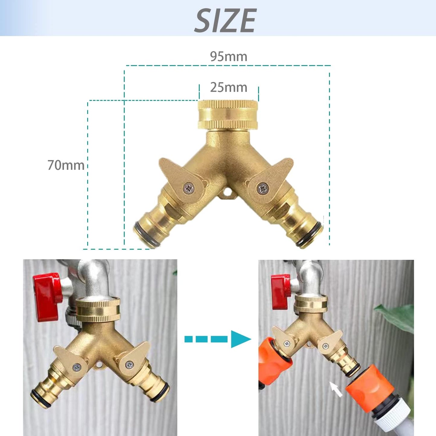 2-way brass tap connector, with single valves, yellow