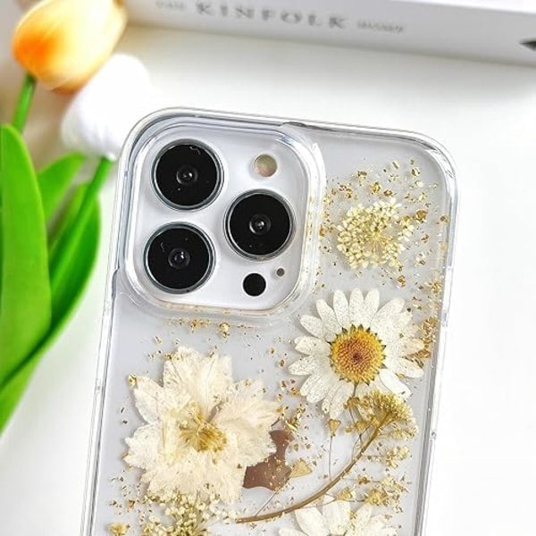 iPhone 16 Plus Case with Real Flowers Design, Transparent Glitter Floral TPU Slim Soft Protective Case for Women
