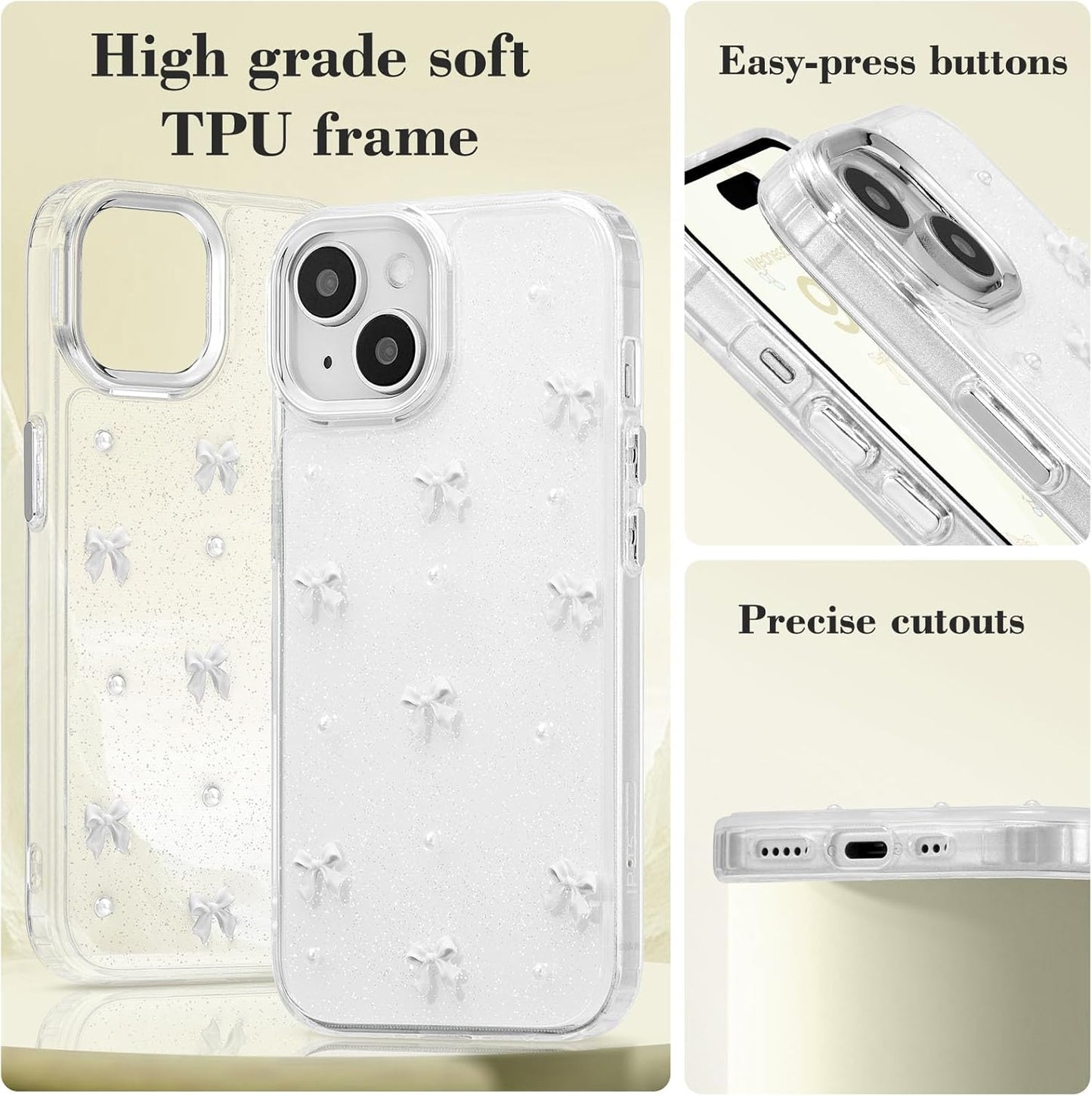 White Transparent Bowknot iPhone 14 Plus Case Cute 3D Thin Soft Durable Mobile Cover