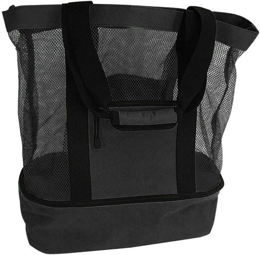Mesh Beach Tote Bag with Detachable Insulated Beach Cooler Compartment Waterproof Sandproof Picnic Pool Bag, Black, Large