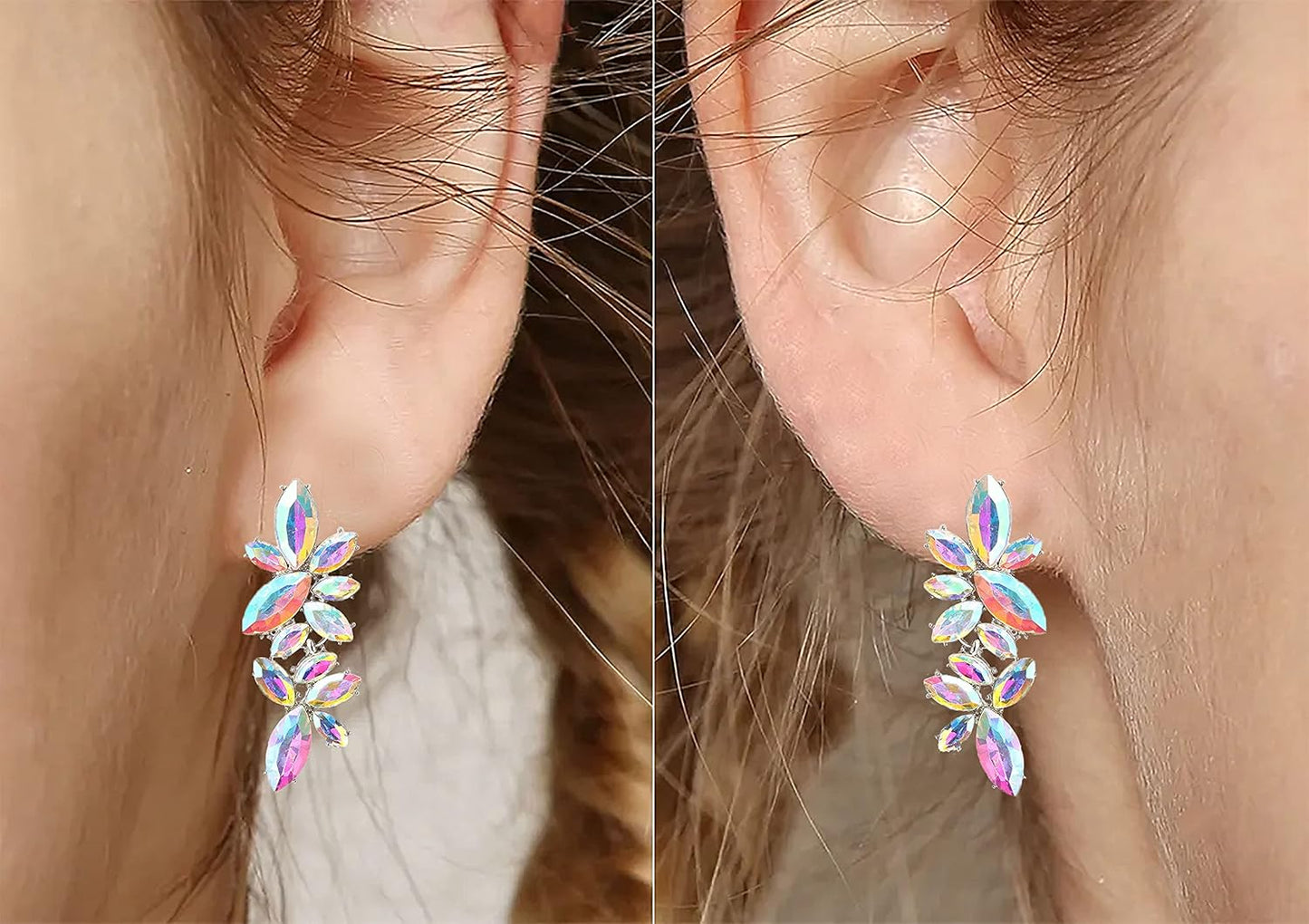 Iridescent Rhinestone Earrings for Prom, Sparkling Bridal Cluster Drop Dangle Stud Earrings, AB Crystal Pageant