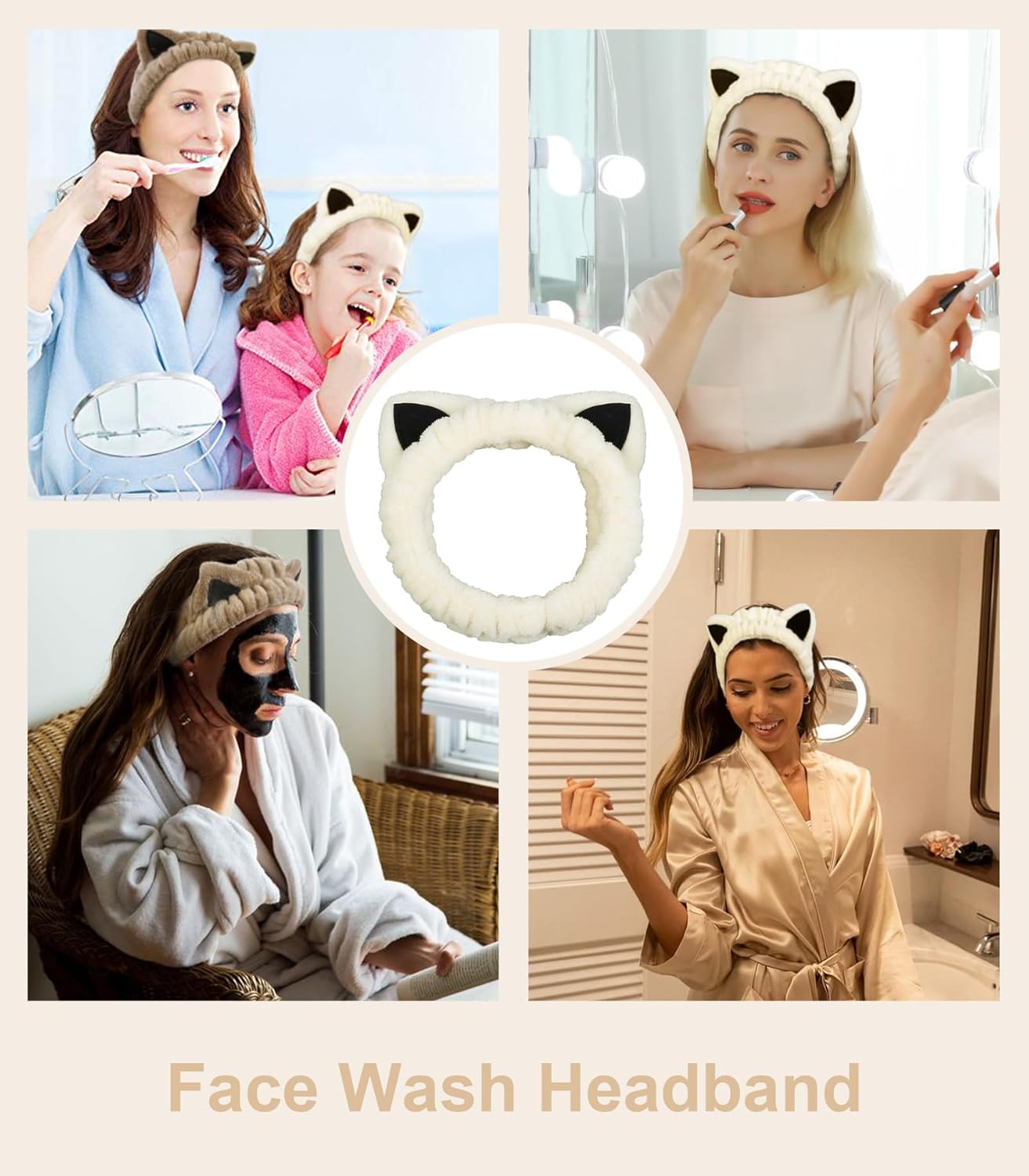 2 Packs Cute Cat Spa Headband for Washing Face Makeup Skincare, Animal Headbands for Women Girls Trendy Stuff Gifts Soft Coral Fleece Facial Wash Hair Accessories (Beige+ Khaki)