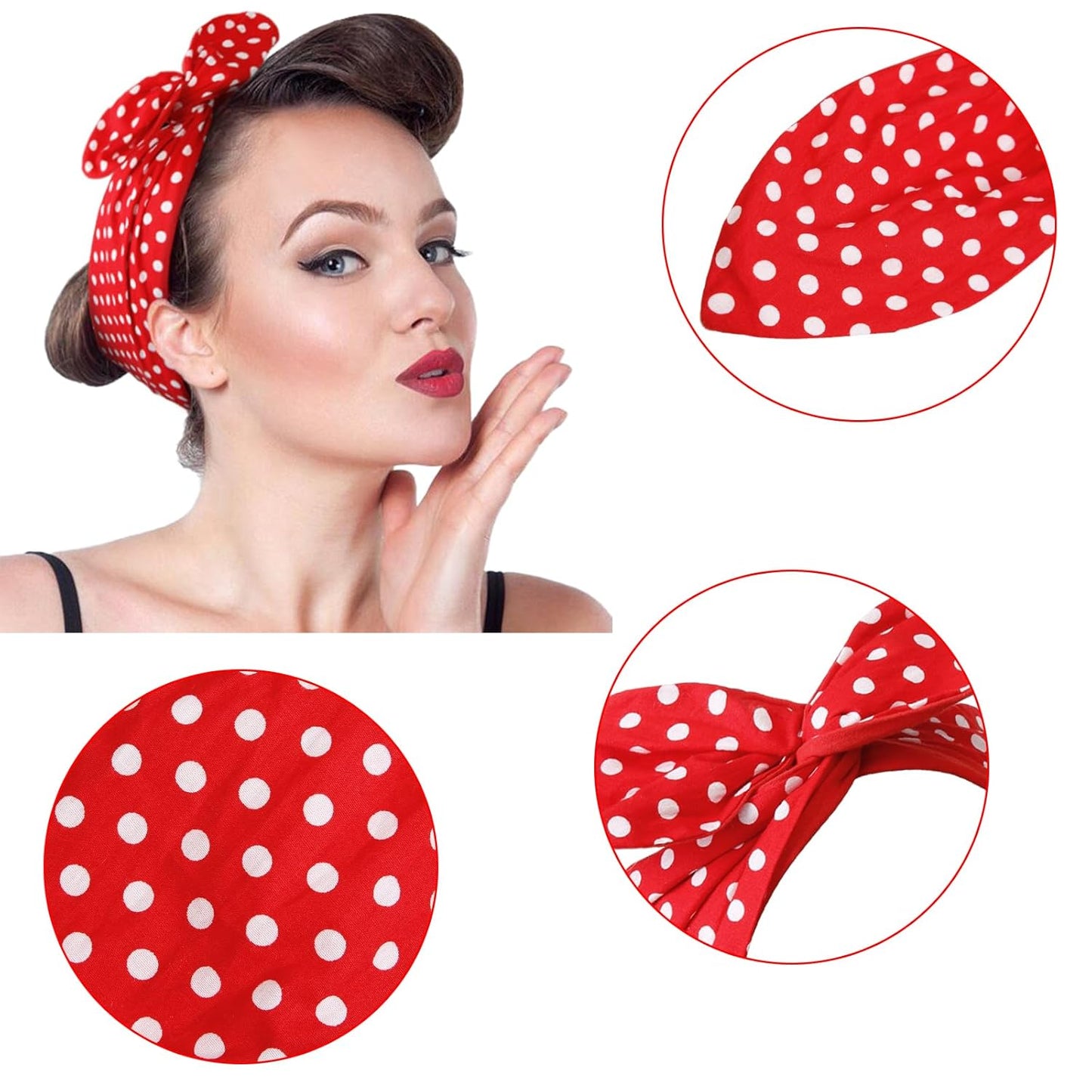 Red and White Polka Dot Bandana Headband Vintage Wire Hairband with Bow Wide Headbands Retro 50s Hair Accessories for Women Girls