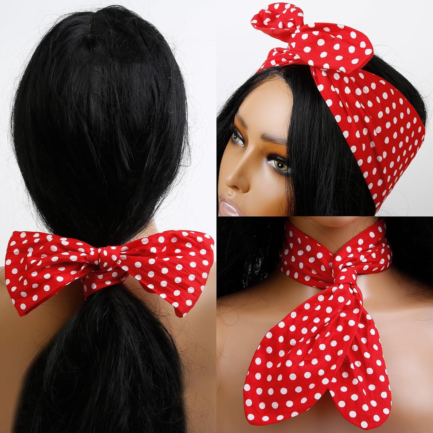 Red and White Polka Dot Bandana Headband Vintage Wire Hairband with Bow Wide Headbands Retro 50s Hair Accessories for Women Girls