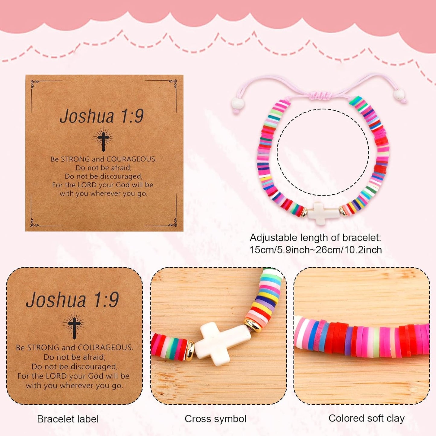 Cross Bracelet for Girls, Colorful Polymer Clay Christian Jesus Religious Confirmation Bracelet with Motivational Card First Holy Communion Gifts for Daughter Sister Teenage Girls
