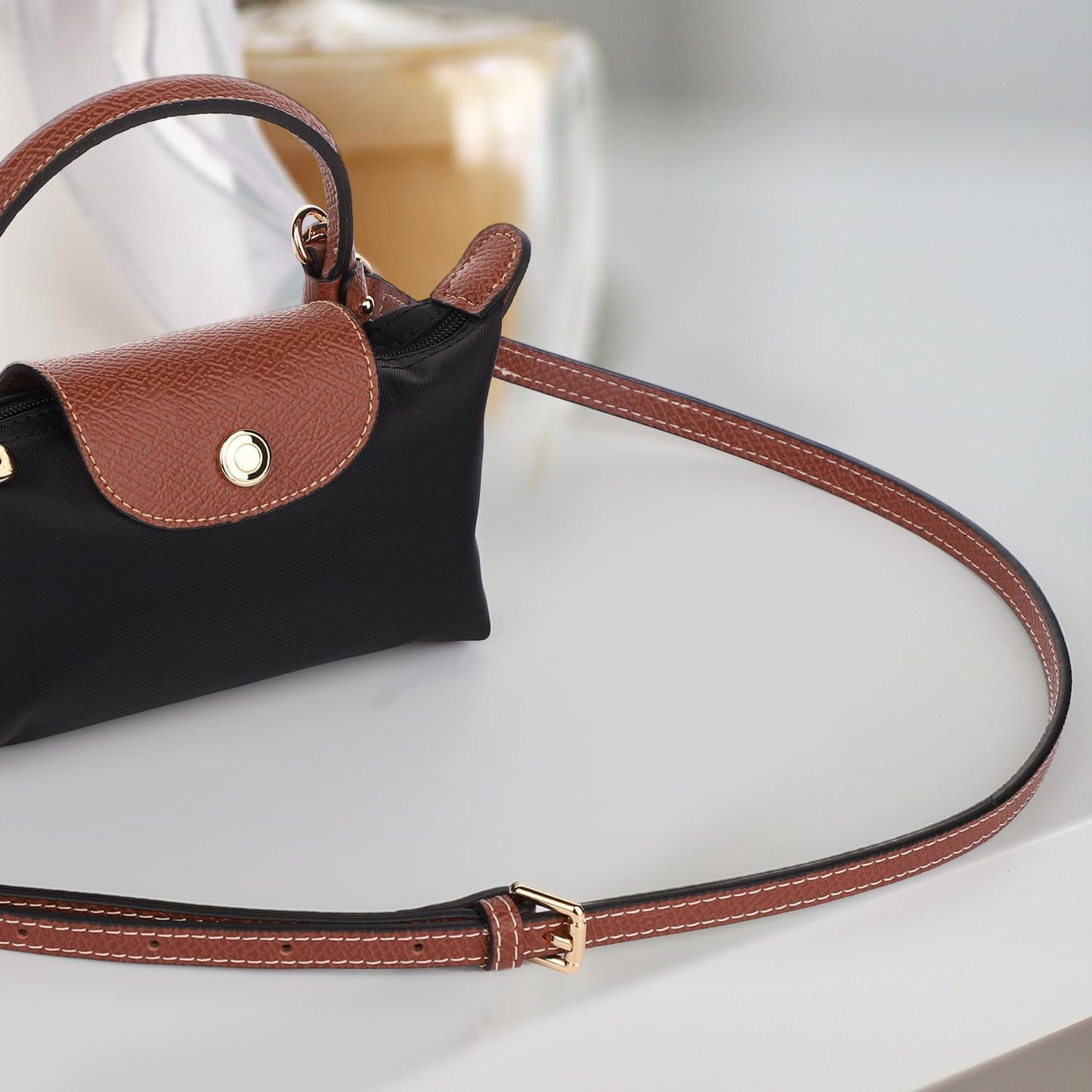 Leather Purse Straps Replacement, Genuine Leather Shoulder Strap with Punch-Free Adapter Adjustable Replacement Strap for Handbag Crossbody Bag Purse for Mini Le PLIAGE (Brown)