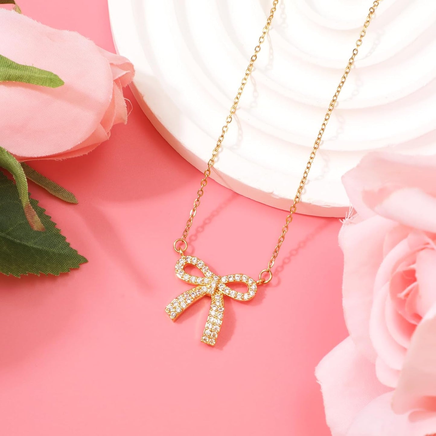 Bow Necklace, Dainty Ribbon Bowknot Chain Necklace Cute Fashion Bowtie Pendant for Choker Gold Bow Jewelry Gift for Women Wedding Prom Daily Wear