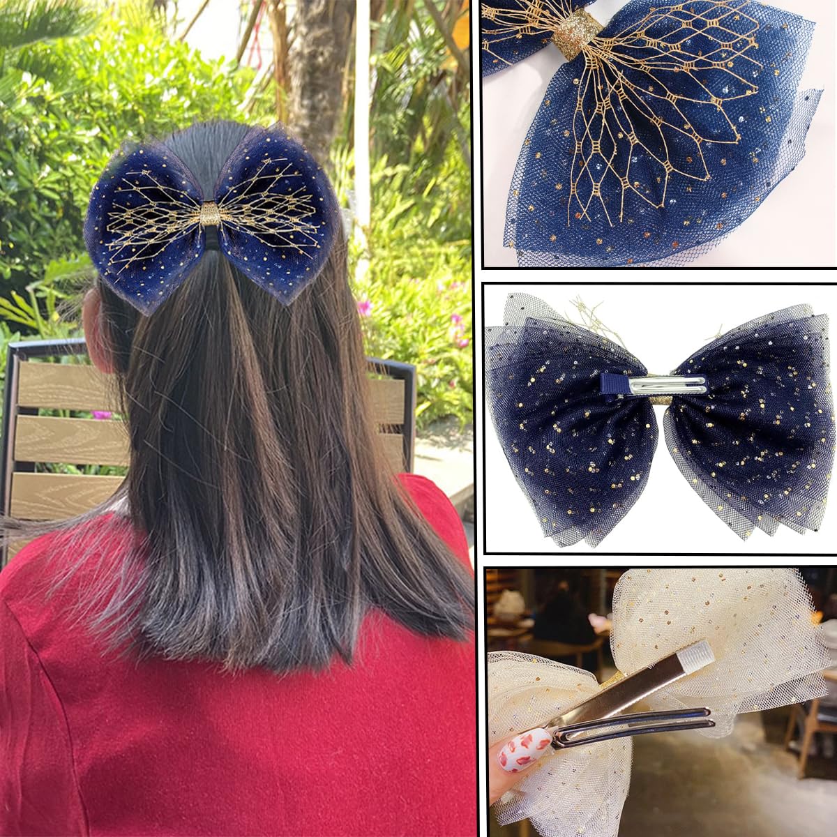 4 PCS Tulle Bows Hair Clips Dotted Tulle Large Bow Hair Clip Cute Glitter Polka Dots Mesh Alligator Hair Clips French hair Bows Soft Bow Hair Dress Up Accessories Shimmery Girl Bows for Women Girl
