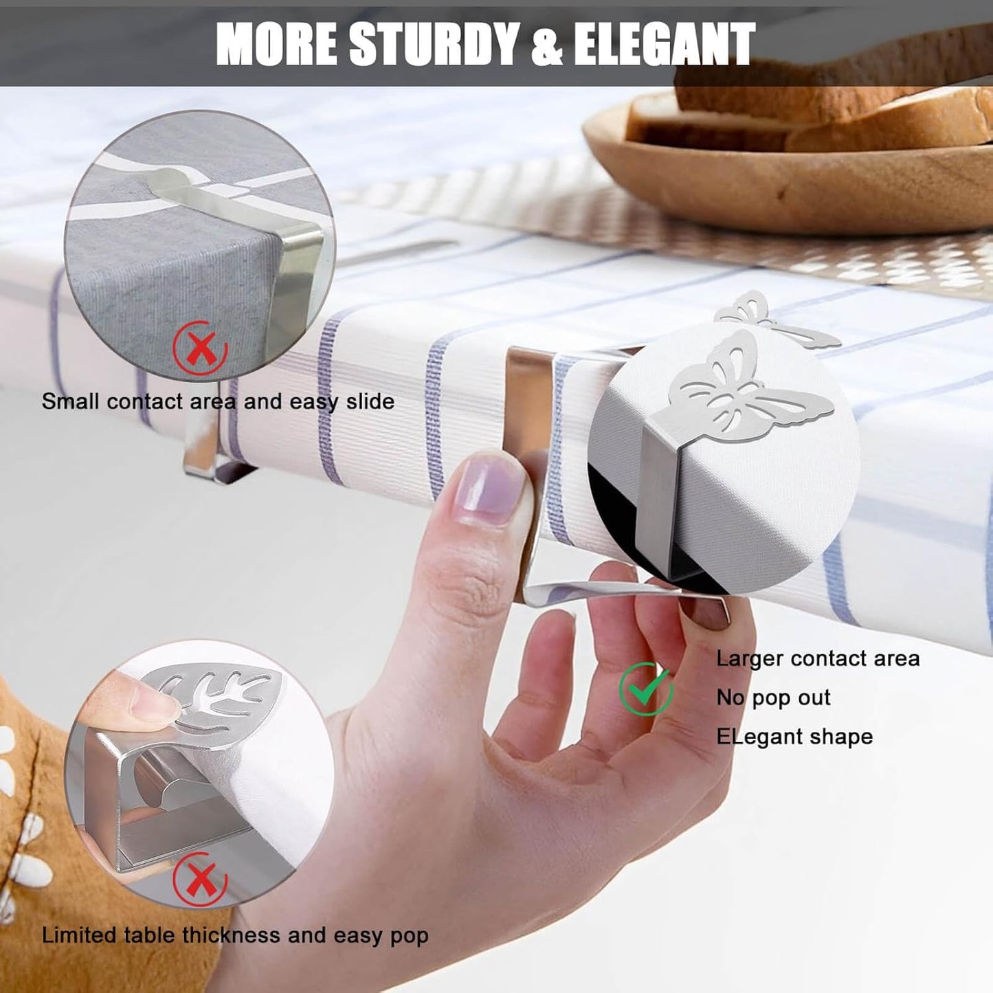 Tablecloth Clips for Outdoor Thick Tables 10 Pack, Butterfly Picnic Table Cloth Holder Clip Indoor, Heavy Duty Stainless Steel Cover Clamp for Party Wedding Home Restaurant Camping Accessories