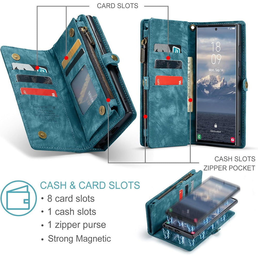 Compatible with Samsung Galaxy S25 Leather Magnetic Zipper Wallet Case 2-in-1 Detachable Flip Cover with Card Holder iPhone 16 Black