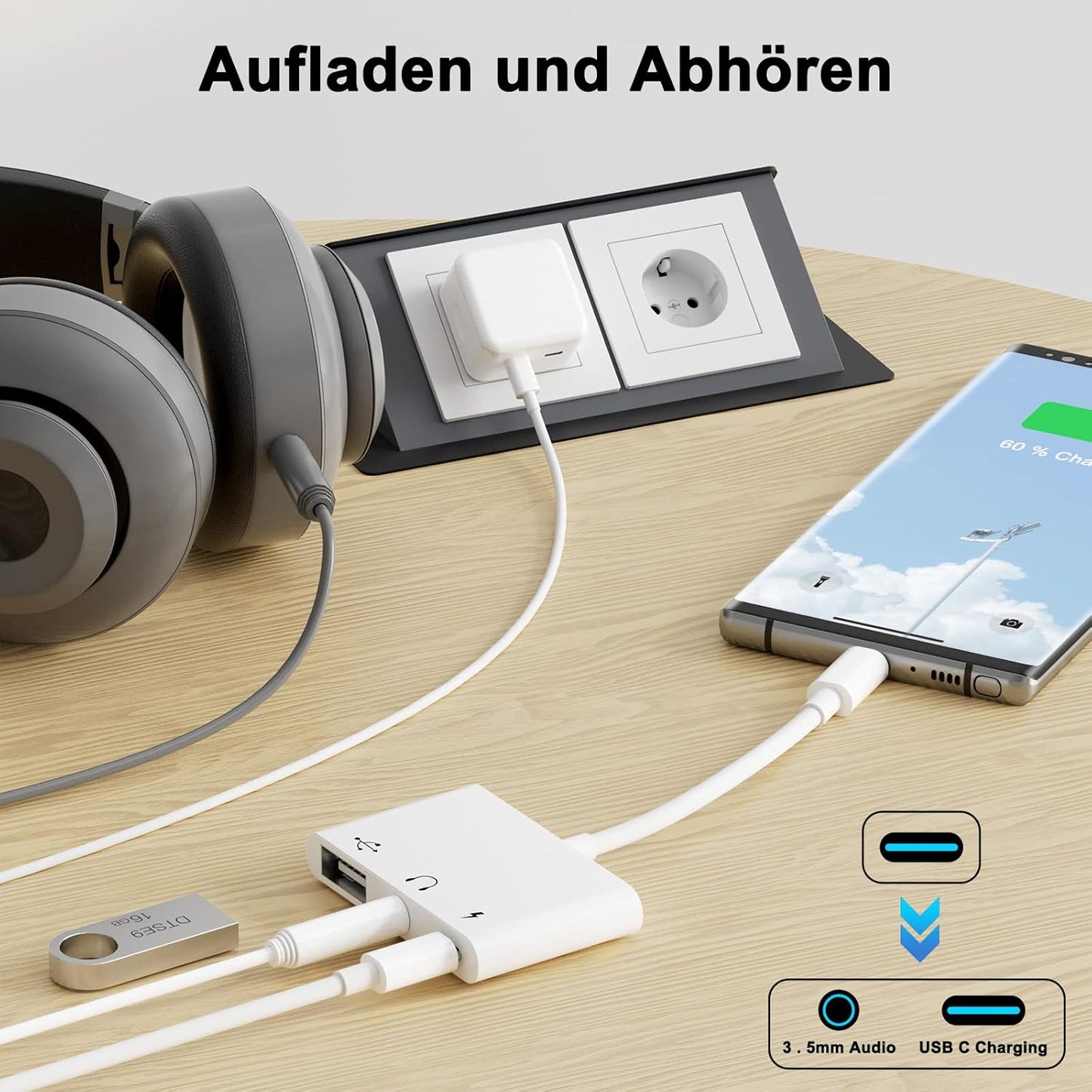 USB C to 3.5mm Jack Audio Adapter with Fast Charging OTG White