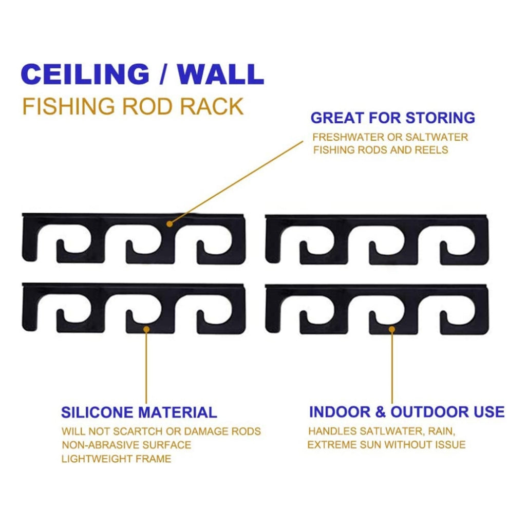Fishing Rod Holders for Wall and Ceiling, Set of 6, 0.46 Size, Black, Garage Storage