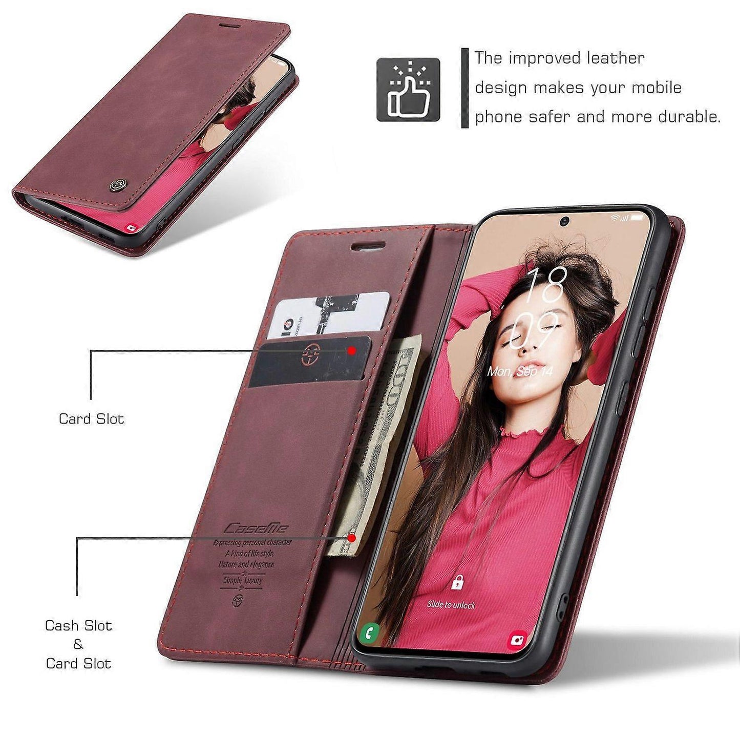 Compatible with Samsung Galaxy S21 FE Wallet Case Stand with Automatic Suction PU Leather Case Red Samsung