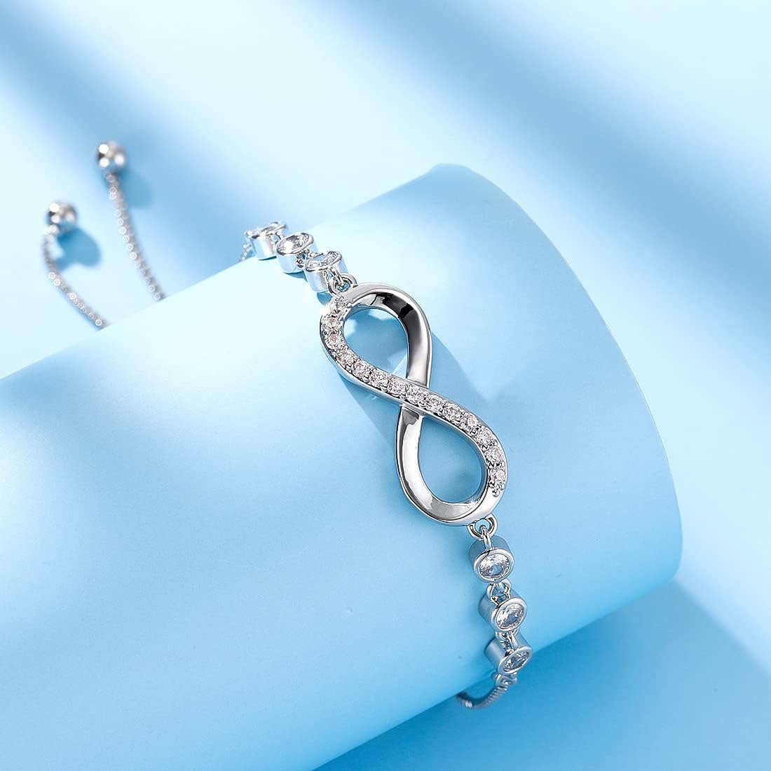 925 Sterling Silver Infinity Love Heart Bracelet with Cubic Zirconia Adjustable for Women