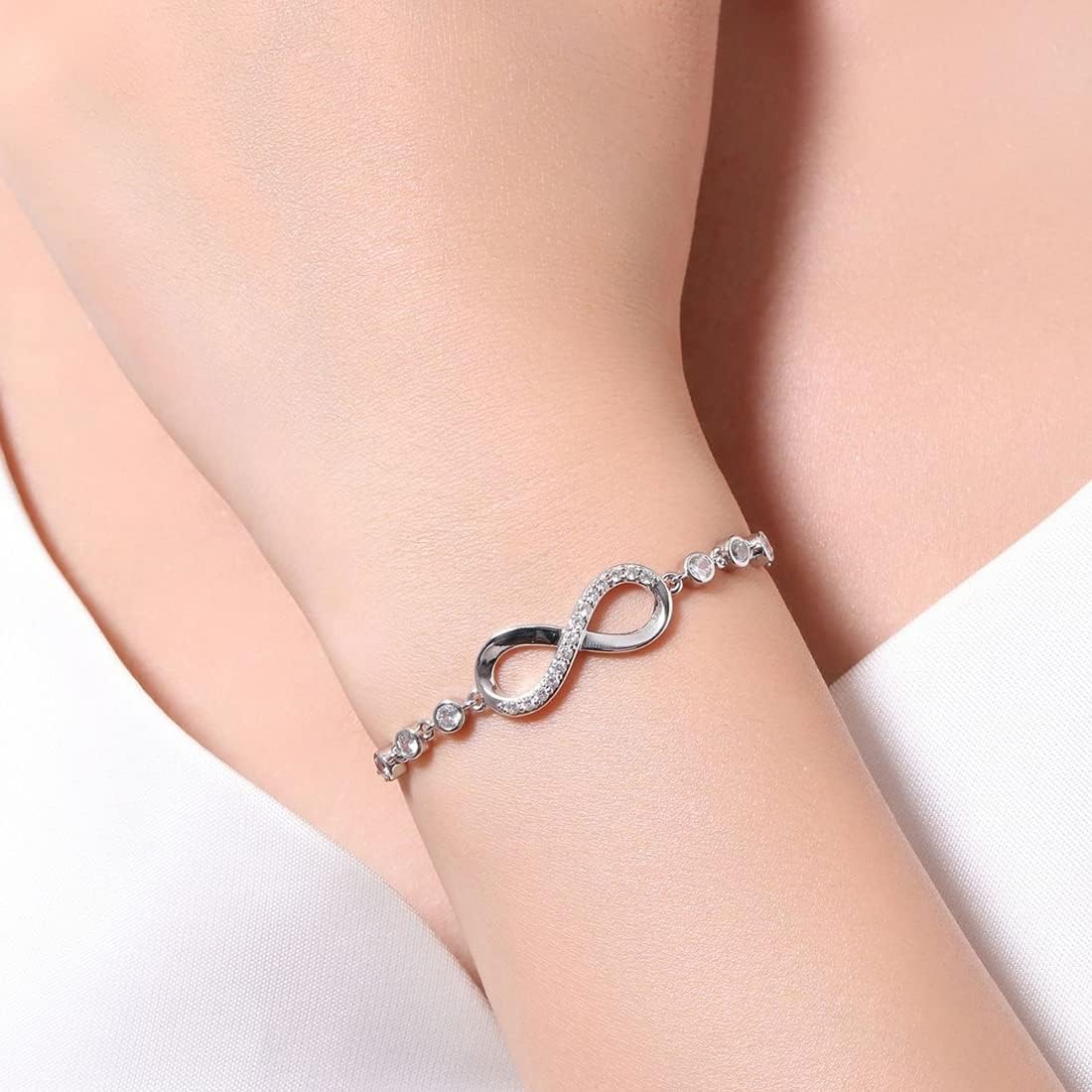 925 Sterling Silver Infinity Love Heart Bracelet with Cubic Zirconia Adjustable for Women