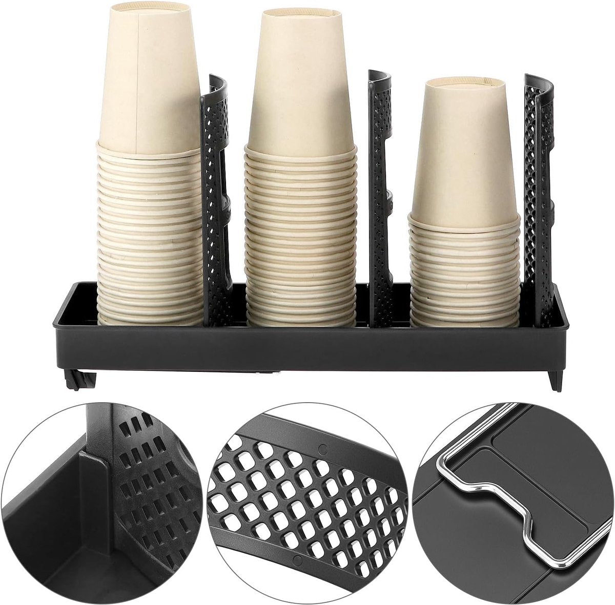 Paper Cup Holder - Paper Cup and Lid Organizer - Upright Holder with Three Compartments for Disposable Cups - Holds 100 Cups or 150 Lids - Steel Stand - Ideal for Kitchens, Offices, and Cafes