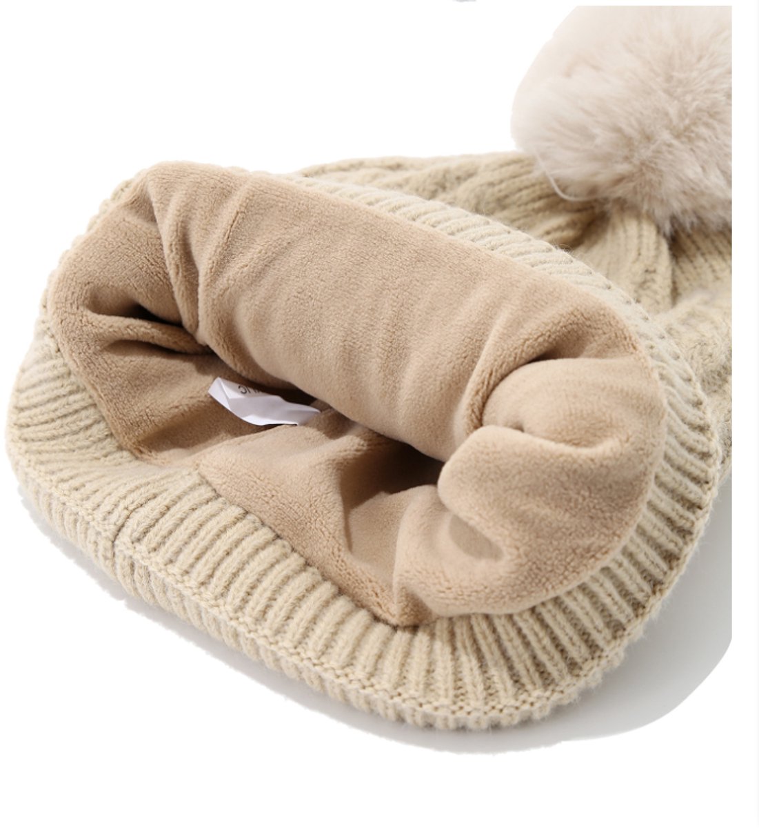 Women's Three-Piece Scarf Set - Women's Scarf - Women's Gloves - Warm Winter Hat - Solid Color - Cable Knit - Warm Hat with Fleece Lining - Knitted Hat with Pompom - Scarf - Unisex - Gloves - Beige