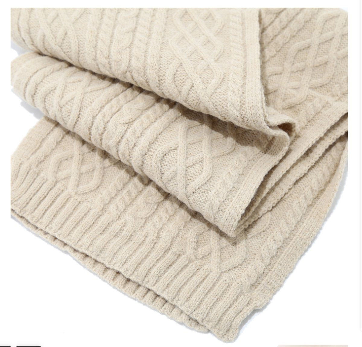Women's Three-Piece Scarf Set - Women's Scarf - Women's Gloves - Warm Winter Hat - Solid Color - Cable Knit - Warm Hat with Fleece Lining - Knitted Hat with Pompom - Scarf - Unisex - Gloves - Beige