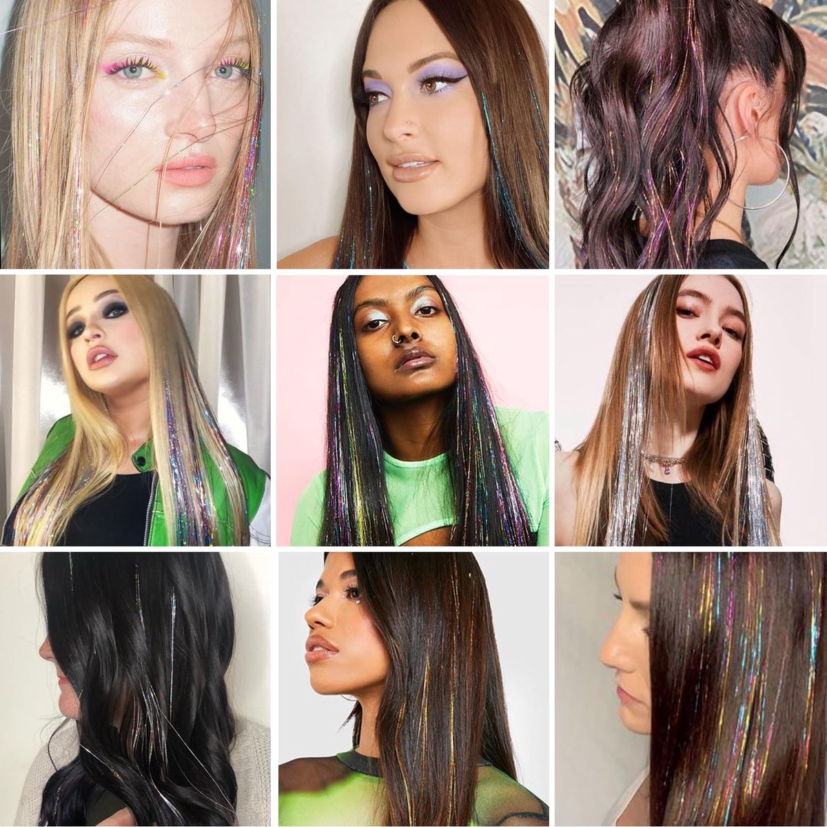 Hair Tinsels - Festival Hair Extensions - Glitter Hair Extensions - 12-Piece Clip-On Hair Accessory Set - 52 cm, for Christmas and New Year, Glitter Hair Extensions, Suitable for Women, Girls and Children (Rainbow Colors)