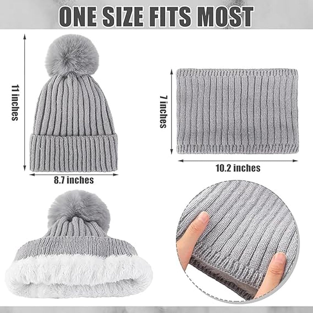 Gloves, hat and scarf - three-piece set - winter knitwear - lined with fleece and thickened - warm and cold resistant - gray
